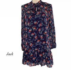 Jack by BB Dakota Blue Floral Cinched Sleeve Tie Neck Tunic Dress Size XS